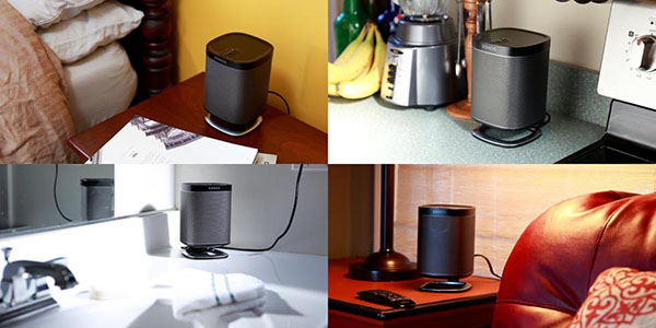 A collage of a smart home devices next to a bed, kitchen, bathroom, and couch